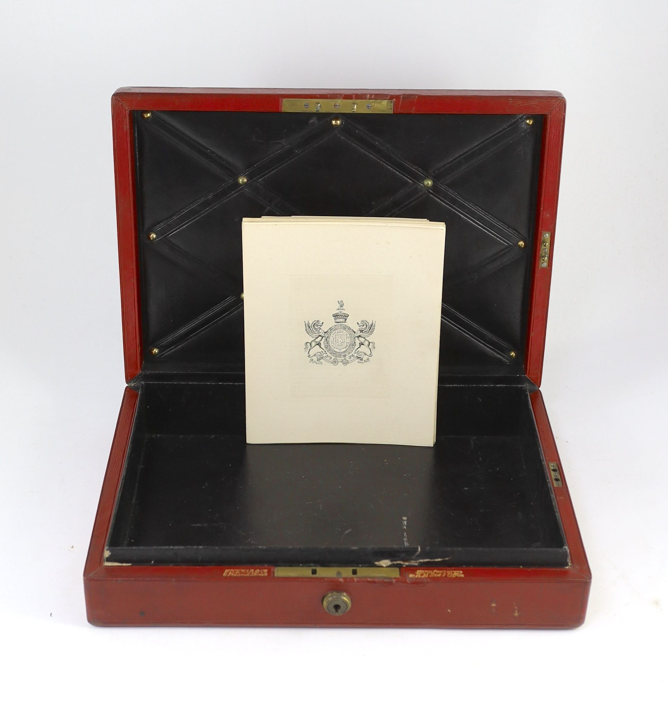 An early 20th century red morocco despatch box, formerly the property of Richard Assheton Cross, b.1882, width 42cm, depth 30cm, height 9.5cm